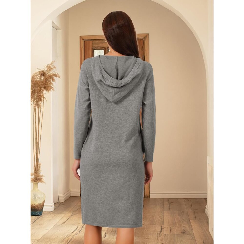 Women's Hoodie Dress Casual Pullover V-Neck Long Sleeve Midi with Pockets - Picture 5 of 6
